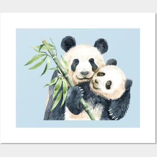 Mom panda baby bamboo watercolor hand drawn Posters and Art